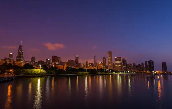 Картинка ночь, город, огни, Чикаго, США, Иллиноис, панорамма