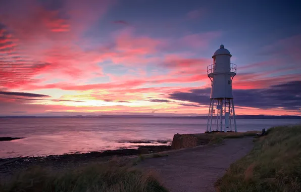 Картинка солнце, закат, маяк, вечер, Великобритания, графство Сомерсет, устье реки Северн, Black Nore lighthouse