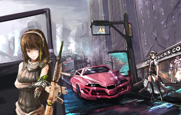 Девушки, аниме, арт, руины, M4A1, Agent, Girls Frontline