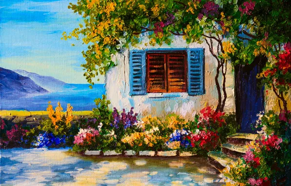 Картинка цветы, дом, река, окно, ставни, клумбы, садик