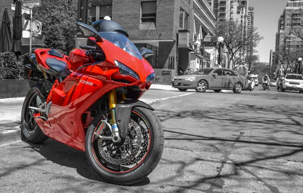 Картинка машины, красный, мотоцикл, шлем, red, Ducati, cars, street