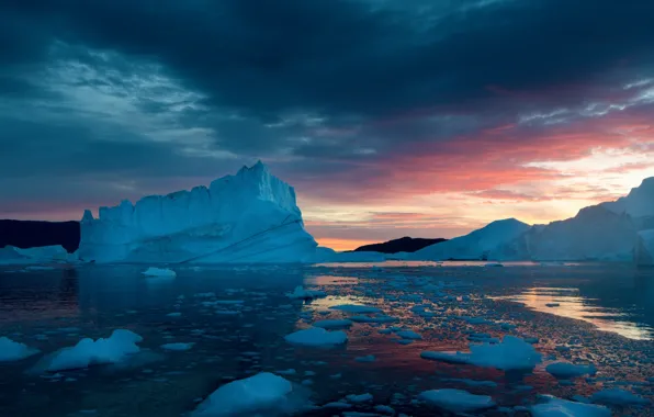 Картинка снег, закат, льдины, Гренландия