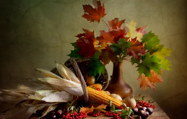 Картинка листья, фото, кукуруза, ваза, натюрморт