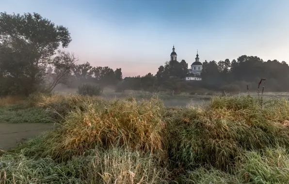 Картинка поле, пейзаж, туман, храм