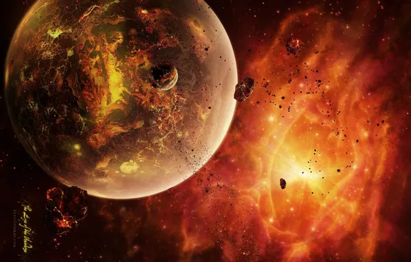 Картинка астероиды, раскаленная планета, dead sistem