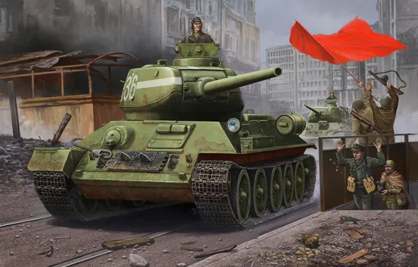 Картинка war, art, painting, tank, ww2, T-34-85, berlim