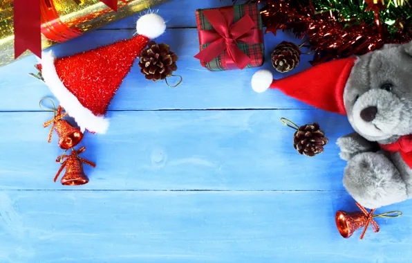 Картинка украшения, игрушки, Новый Год, Рождество, мишка, подарки, Christmas, wood