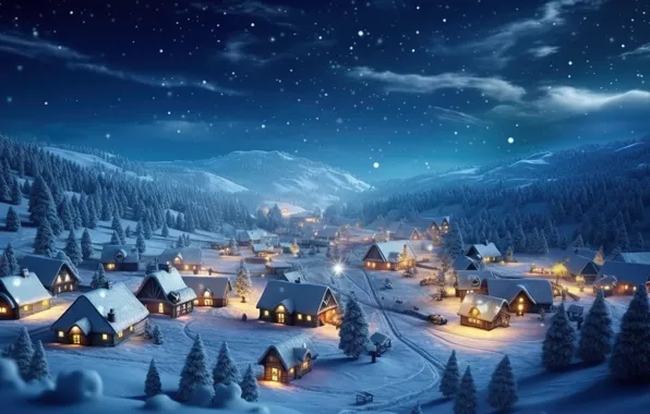 Зима, снег, ночь, Новый Год, деревня, Рождество, домики, house