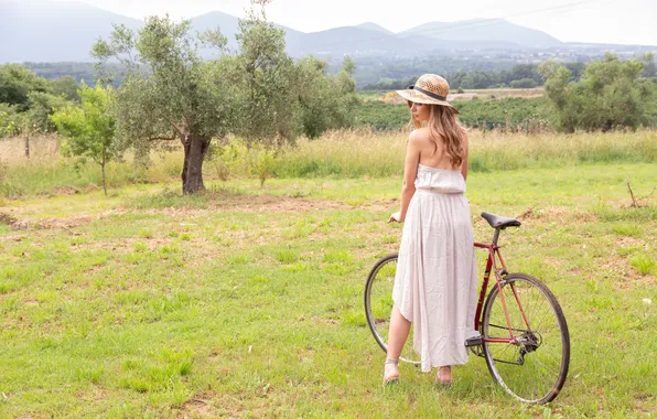 Bicycle, long hair, trees, nature, model, countryside, gorgeous, photoshoot