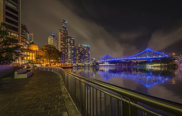 Картинка ночь, огни, река, небоскребы, Австралия, мегаполис, Брисбен, Квинсленд