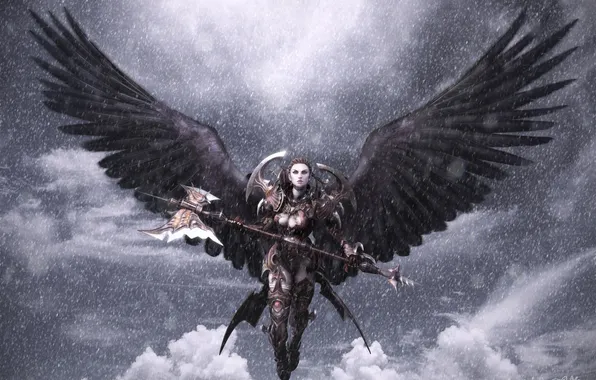Картинка девушка, облака, снег, крылья, доспехи, воительница, Aion, секира