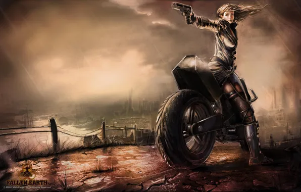 Девушка, игра, мотоцикл, Fallen Earth, сумерки. дождь