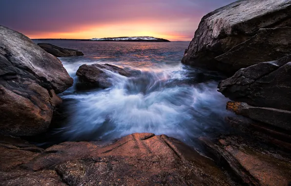 Картинка камни, океан, рассвет, волна, Maine, USА, Georgetown