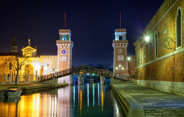 Картинка ночь, мост, огни, Венеция