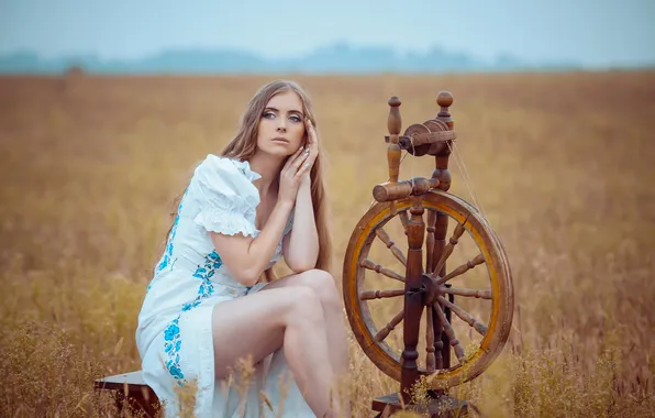 Поле, девушка, природа, прялка