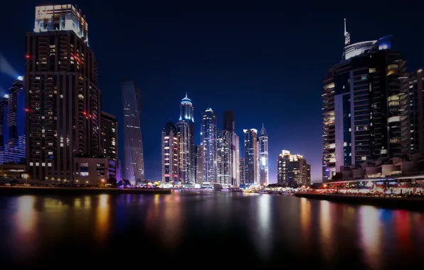 Отражения, ночь, город, огни, Дубай, небоскрёбы, ОАЭ, UAE
