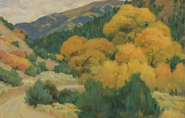 Осень, деревья, картина, Joseph Henry Sharp, Джозеф Генри Шарп, Пейзаж возле Таоса