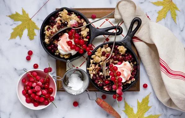 Листья, ягоды, полотенце, десерт, красная смородина, сковородки, Cranberry Crumble