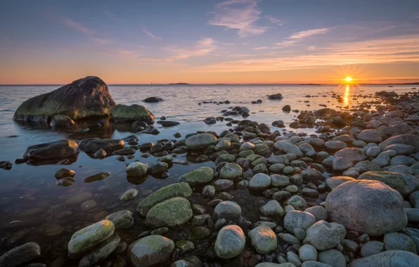 Картинка море, закат, камни, побережье, Швеция, Sweden
