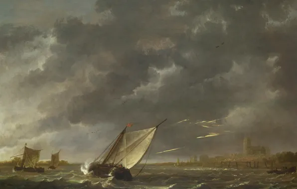 Пейзаж, картина, парус, Альберт Кёйп, Aelbert Cuyp, "Маас" в Дордрехте в бурю