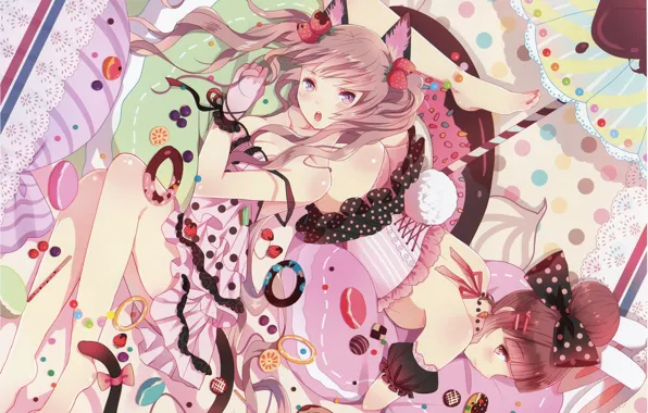 Зонт, клубника, сладости, корсет, кружева, шнуровка, кошачьи ушки, neko girl
