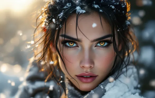Зима, взгляд, девушка, свет, снег, природа, лицо, портрет