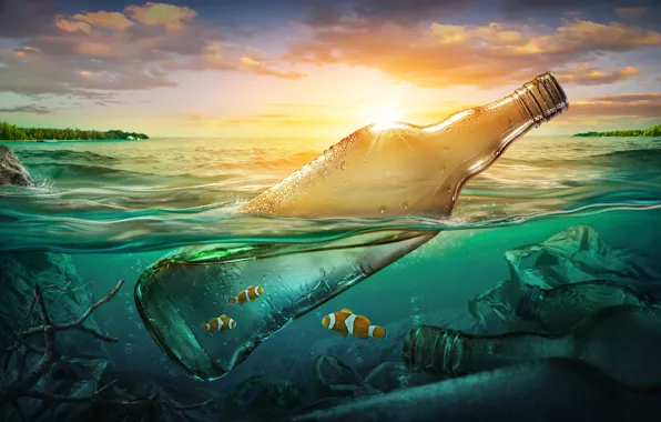 Картинка море, рыбки, мусор, океан, бутылка, загрязнение, sea, ocean