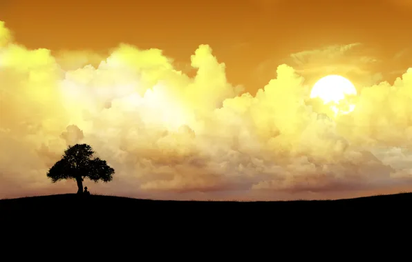 Картинка солнце, облака, одинокое дерево