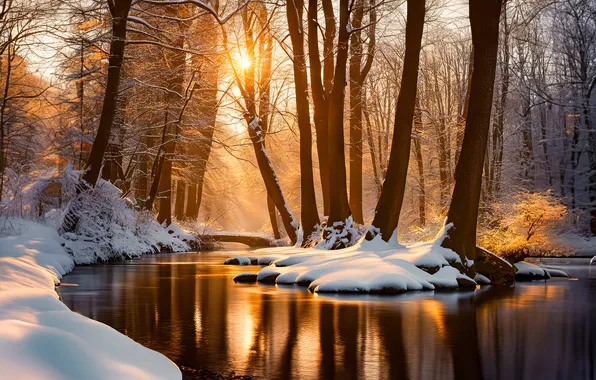 Зима, лес, природа, отражение, река