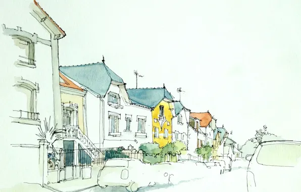 Картинка город, улица, рисунок, дома, акварель, автомобиль
