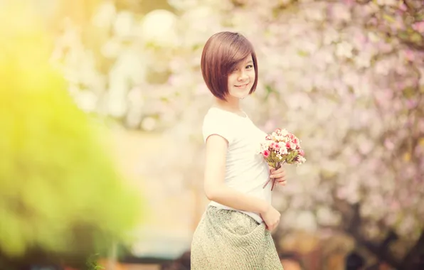 Картинка девушка, цветы, улыбка, блики, весна, боке, азиаточка