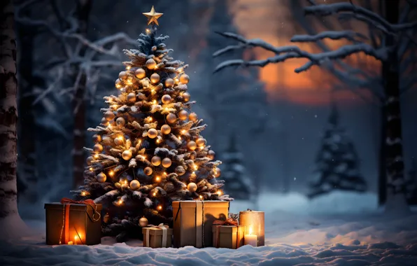 Картинка зима, лес, снег, украшения, ночь, lights, елка, Новый Год