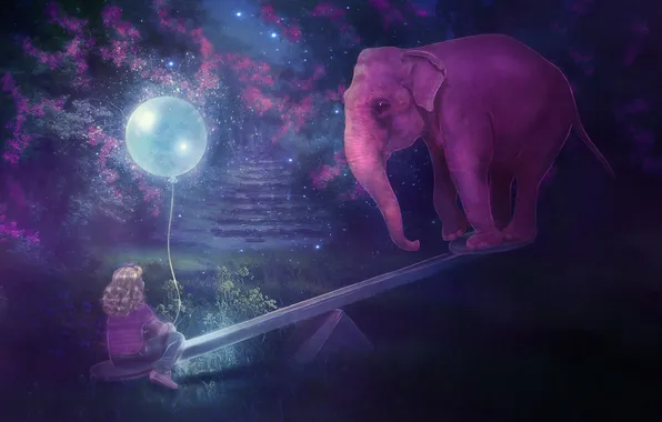 Картинка деревья, ночь, качели, розовый, слон, звёзды, девочка, воздушный шар