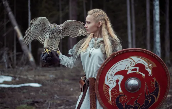 Картинка model, women, cosplay, blonde, shield, braids, portrait, costumes