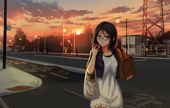 Картинка девушка, закат, улица