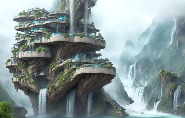 Future, landscape, art, fog, waterfall, fantastic, digital art, cliff