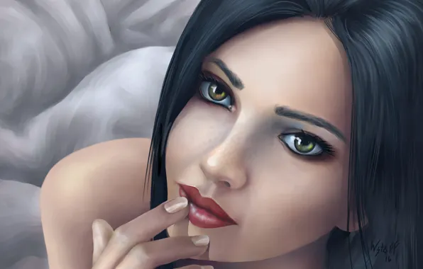Картинка Girl, green eyes, art, lips, brunette, digital art, black hair, mouth