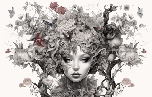 Girl, flowers, face, hair, butterflies