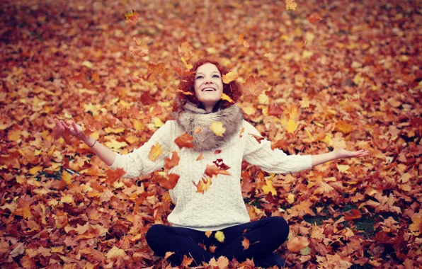 Осень, листья, Девушка, girl, leaves, happiness, smiling, улыбаясь