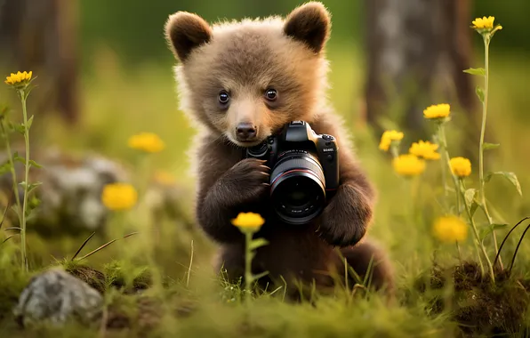 Лето, взгляд, цветы, природа, поляна, лапки, мишка, фотоаппарат