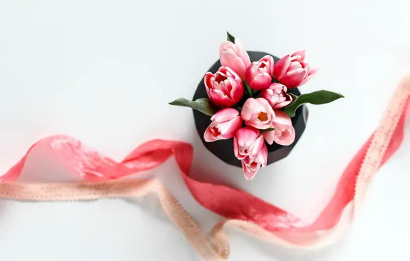 Картинка цветы, букет, лента, тюльпаны, розовые, pink, romantic, tulips