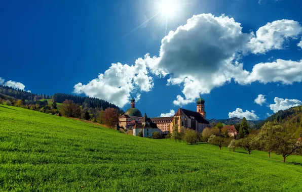 Небо, облака, Германия, луг, монастырь, Germany, Баден-Вюртемберг, Baden-Württemberg