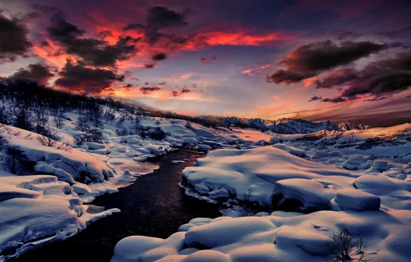 Картинка зима, лес, снег, горы, природа, река, расвет
