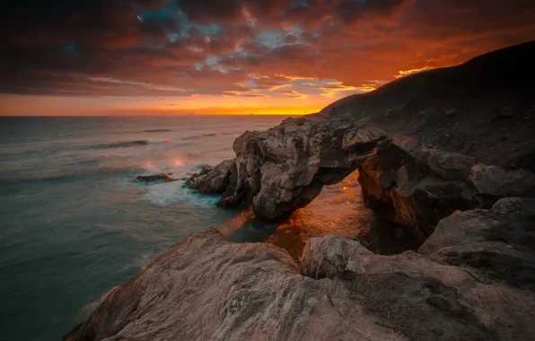 Картинка море, восход, скалы, Англия, Нортумберленд