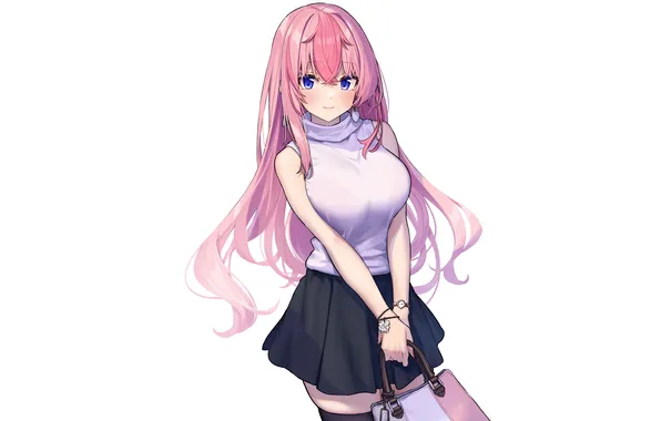 Girl, blouse, thighhighs, pink hair, long hair, boobs, anime, beautiful