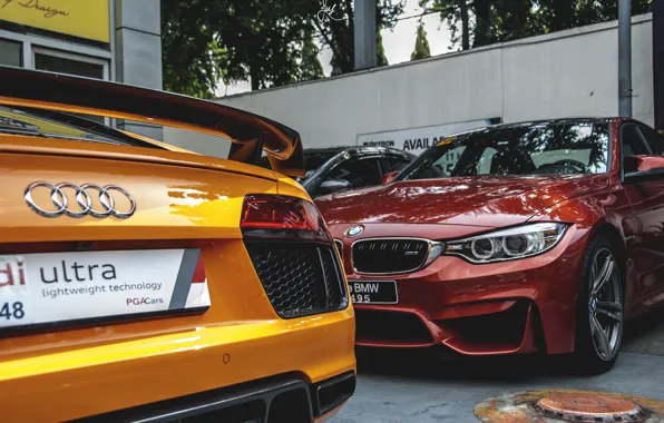 Audi, BMW, red, yellow, parking
