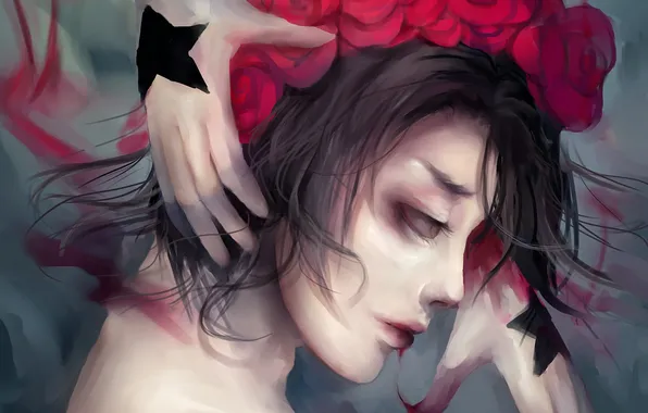 Картинка девушка, лицо, кровь, розы