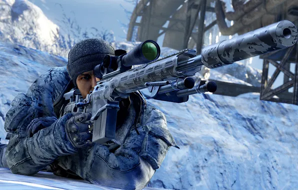 Картинка зима, снег, мужчина, винтовка, Sniper: Ghost Warrior 2