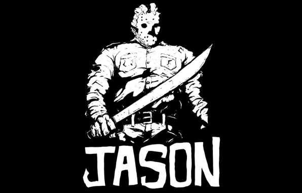 Картинка Jason Voorhees, мачете, Джейсон Вурхиз, Пятница 13-е, черно- белое, The Friday the 13th, хоккейная маска