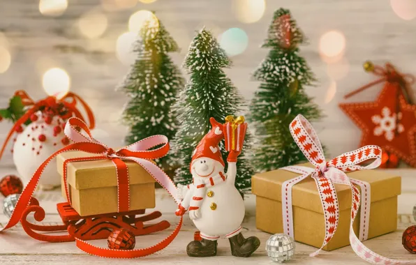 Новый Год, Рождество, подарки, снеговик, коробки, ёлочки